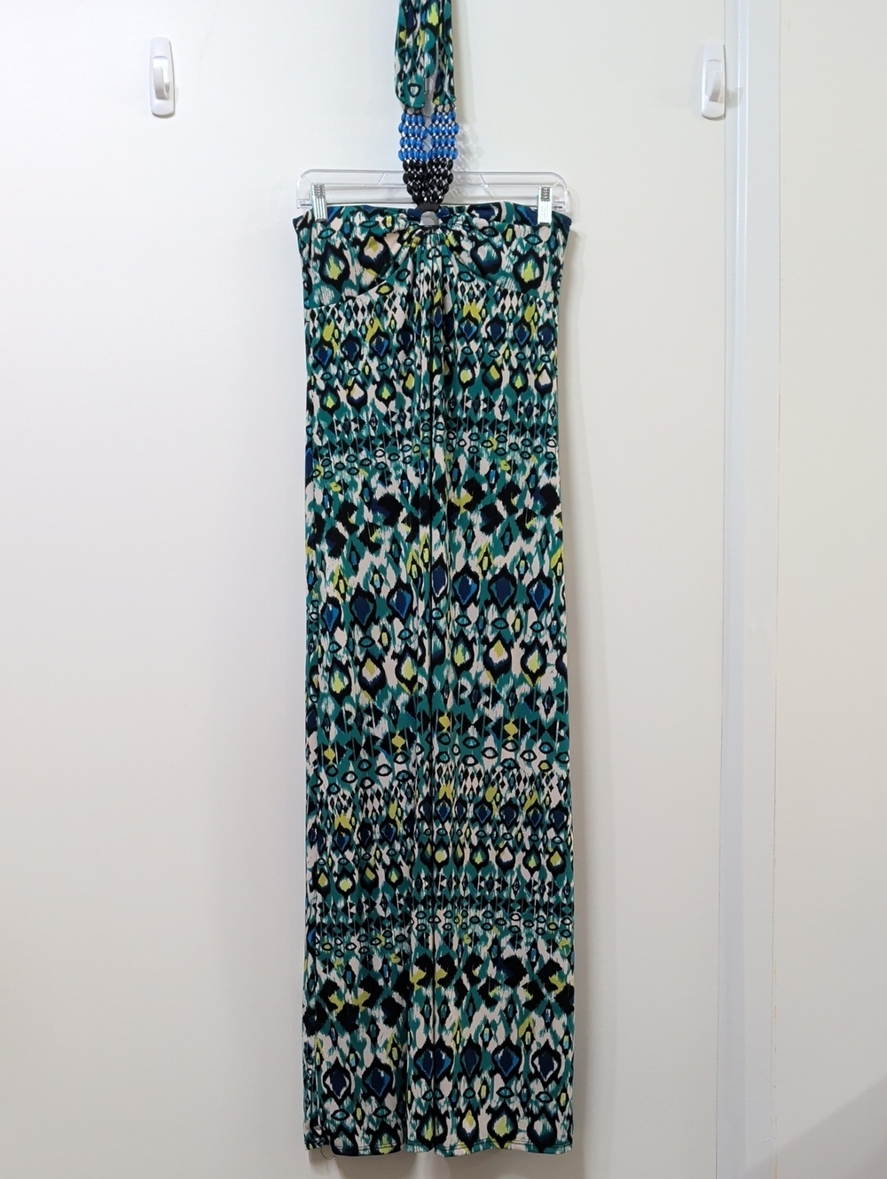 Fresh of LA Green Blue Ikat Print Halter Maxi with Beaded Collar Size Small